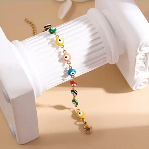 Unisex Bohemian Bracelet God Eye 14K Gold Plated Stainless Steel with Resin eye - Picture 2 of 5